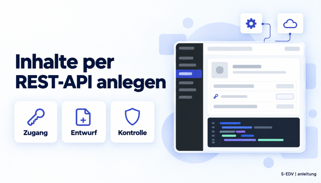Grafik mit der Überschrift Inhalte per REST-API anlegen und einem stilisierten WordPress-Adminbereich mit Schlüssel und Schnittstellenverbindung