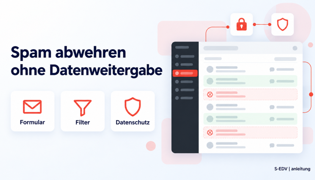 Grafik mit der Überschrift Spam abwehren ohne Datenweitergabe, drei Karten Formular, Filter, Datenschutz und einem stilisierten WordPress-Adminbereich