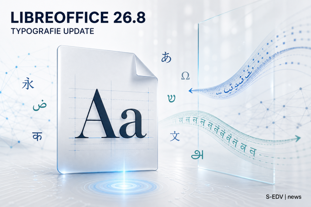 LibreOffice 26.8 mit typografischen Zeichen, Schriftsystemen und Textfluss auf hellem Tech-Hintergrund