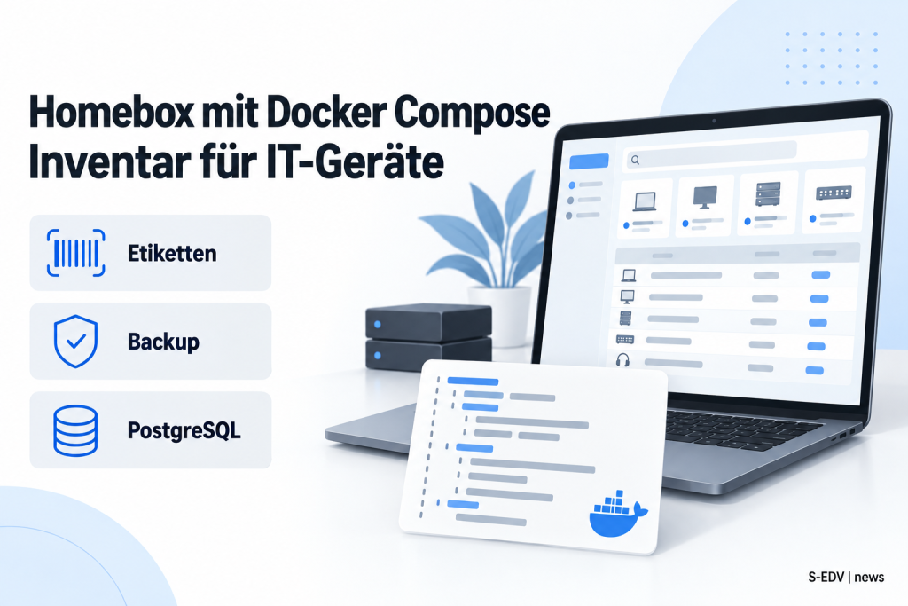 Titelgrafik zur Anleitung: Homebox mit Docker Compose als Inventarverwaltung für IT-Geräte, mit Etiketten, Backup und PostgreSQL