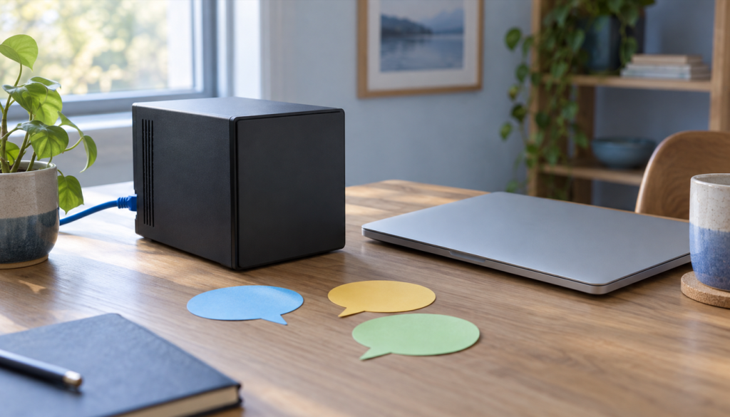 Kleiner schwarzer Heimserver mit blauem Netzwerkkabel neben einem geschlossenen Laptop, davor drei bunte Sprechblasen aus Papier als Sinnbild für Chat