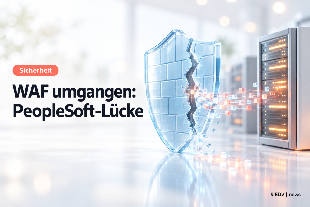 Gläserner Firewall-Schild mit Riss, durch den ein Datenstrom zu einem Server gelangt, daneben die Überschrift WAF umgangen: PeopleSoft-Lücke