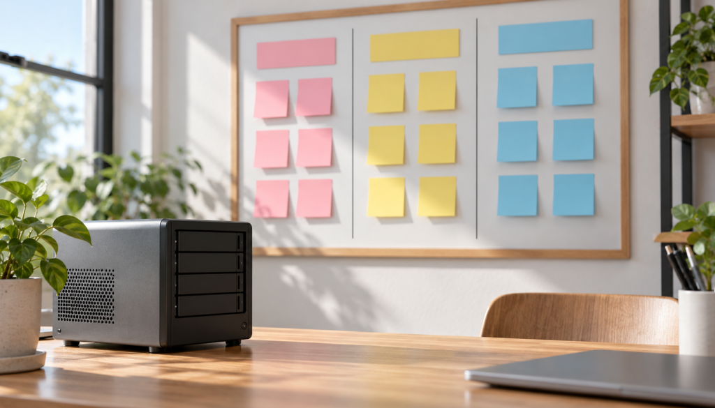Kanban-Tafel mit farbigen Haftnotizen in drei Spalten an einer hellen Bürowand, davor ein kompakter Server auf einem Holztisch