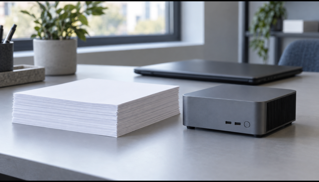 Stapel leerer Papierdokumente neben einem kompakten Mini-PC auf einem Bürotisch, Symbolbild für lokale PDF-Verarbeitung ohne Cloud