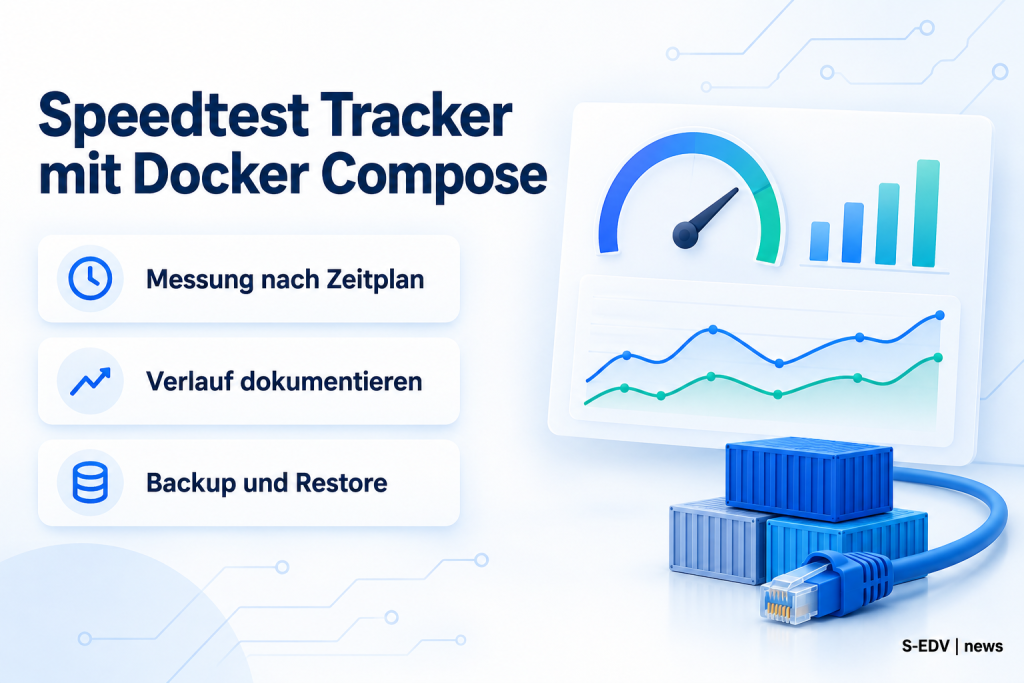 Illustration zur Anleitung Speedtest Tracker mit Docker Compose: Überschrift, drei Karten zu Zeitplan, Verlauf und Backup sowie ein stilisiertes Dashboard mit Tachometer und Verlaufskurven