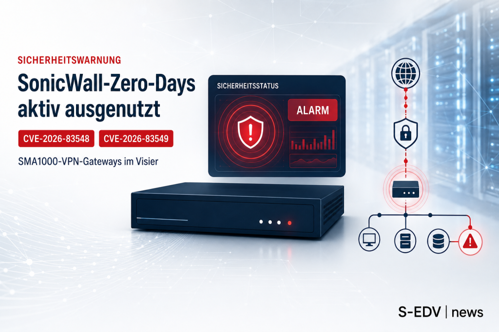 Illustration zu zwei aktiv ausgenutzten Zero-Day-Schwachstellen CVE-2026-83548 und CVE-2026-83549 in SonicWall SMA1000 VPN-Gateway-Appliances, mit Angriffspfad vom Internet ins Unternehmensnetzwerk