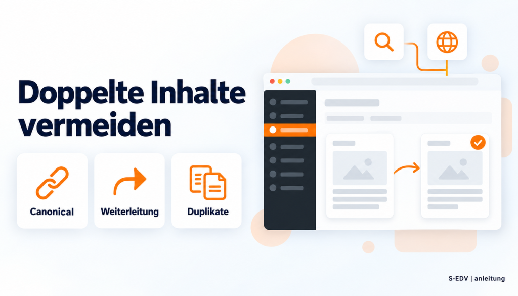 Grafik mit der Überschrift Doppelte Inhalte vermeiden, drei Karten Canonical, Weiterleitung, Duplikate und einem stilisierten Adminbereich mit zwei ähnlichen Seiten