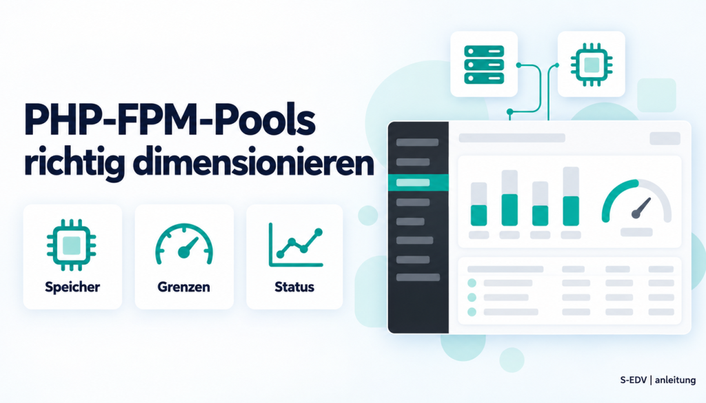 Grafik mit der Überschrift PHP-FPM-Pools richtig dimensionieren und einem stilisierten WordPress-Adminbereich mit Auslastungsbalken