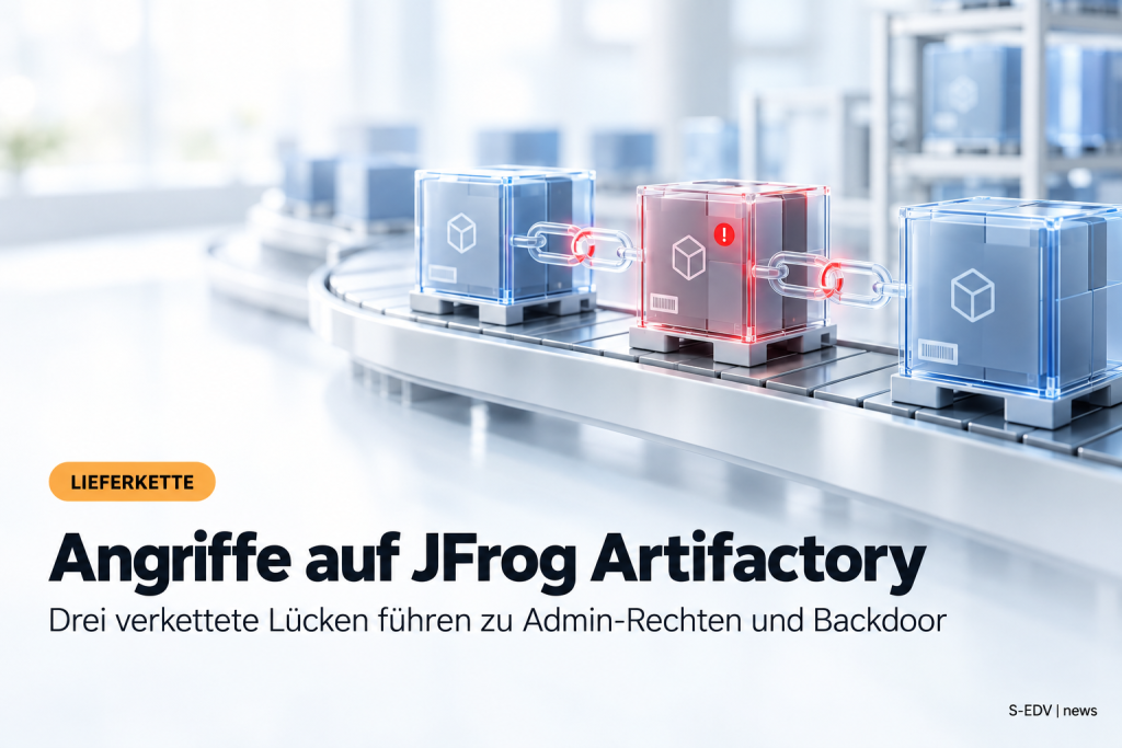 Grafik zeigt eine kompromittierte Paketablage als Symbol fuer die Angriffe auf JFrog Artifactory