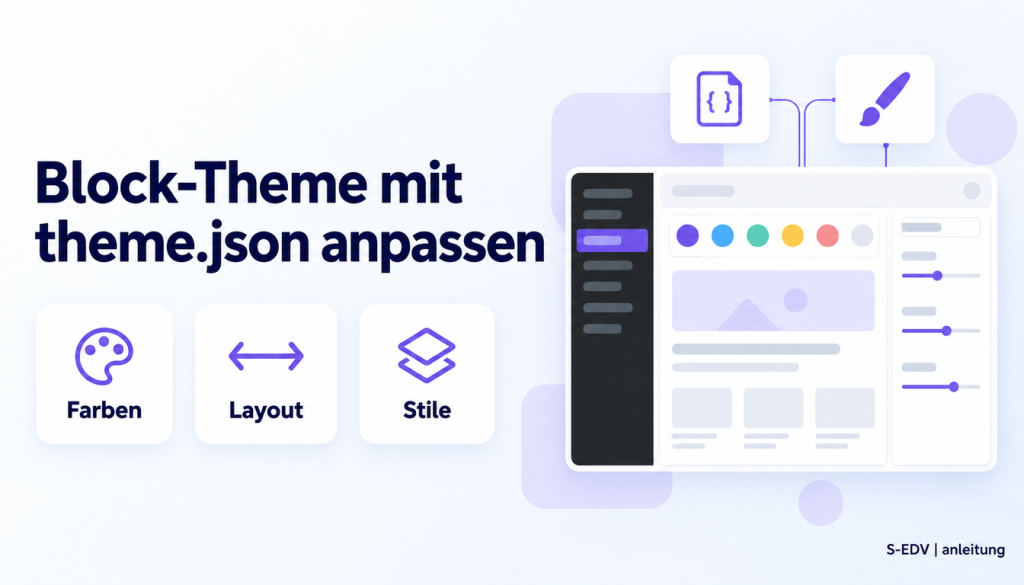 Grafik mit der Überschrift Block-Theme mit theme.json anpassen und einem stilisierten WordPress-Adminbereich mit Farbpalette
