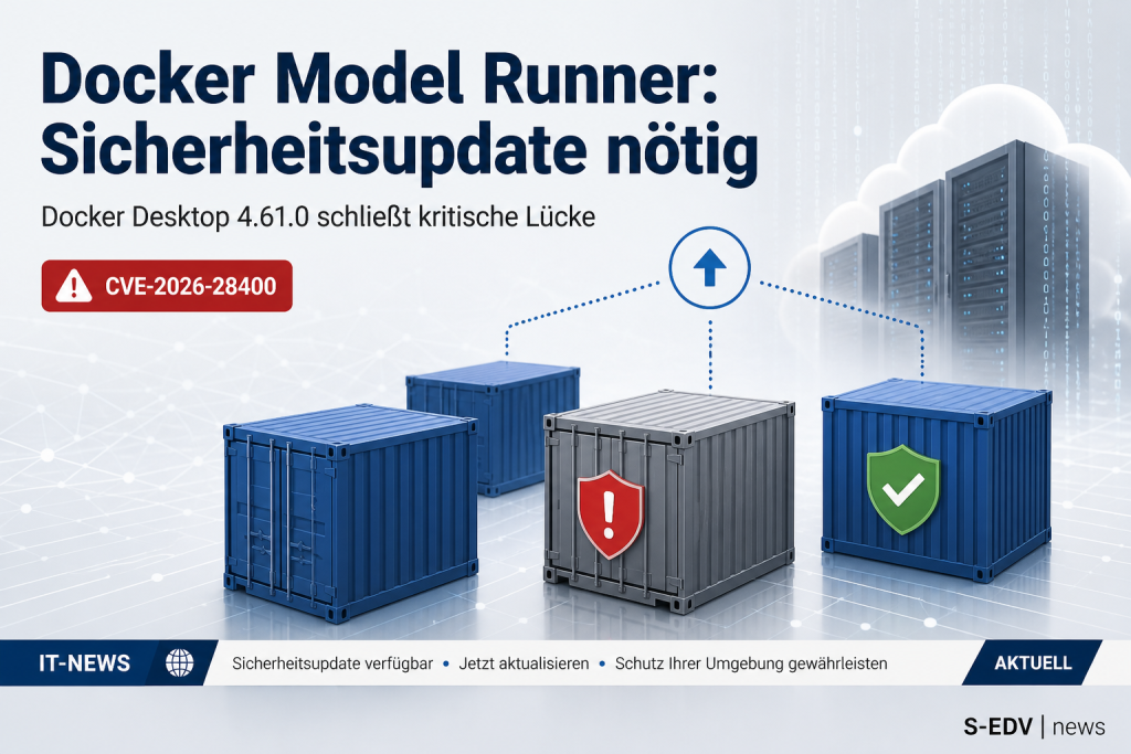 Docker-Container-Symbole mit Warn- und Update-Icons illustrieren die Docker Model Runner Sicherheitsluecke CVE-2026-28400 und das Update auf Docker Desktop 4.61.0