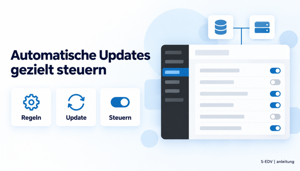 Grafik mit der Überschrift Automatische Updates gezielt steuern, drei Karten Regeln, Update, Steuern und einem stilisierten WordPress-Adminbereich