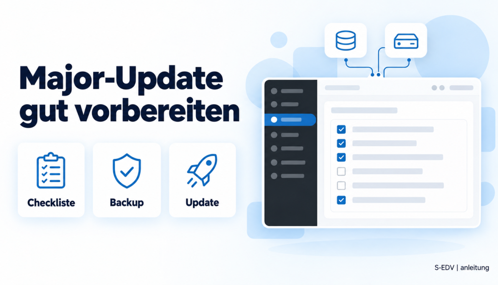 Grafik mit der Überschrift Major-Update gut vorbereiten, drei Karten Checkliste, Backup, Update und einem stilisierten WordPress-Adminbereich