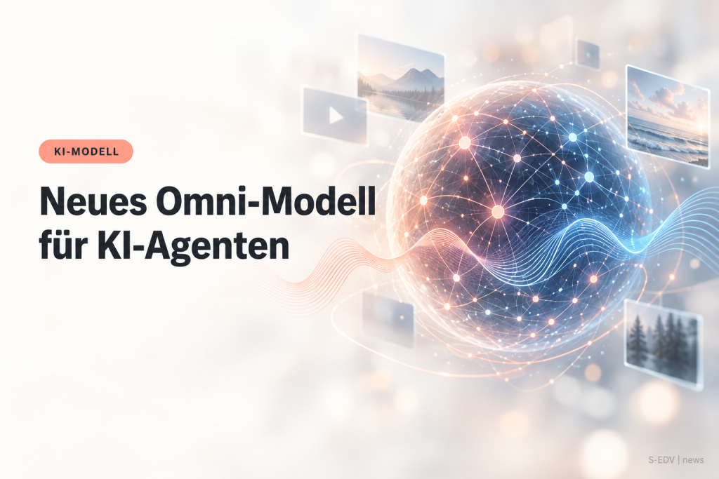 Helle Illustration mit leuchtender Netzwerk-Sphäre und Wellenform-Elementen, daneben die Überschrift Neues Omni-Modell für KI-Agenten