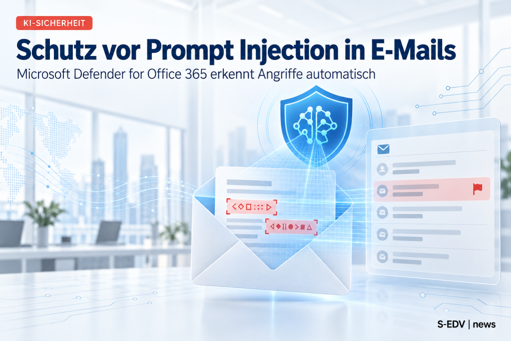 Illustration zu Microsoft Defender for Office 365: ein KI-Schild scannt einen E-Mail-Umschlag auf Prompt-Injection-Angriffe, mit rot markierter Warnung in der Postfach-Liste