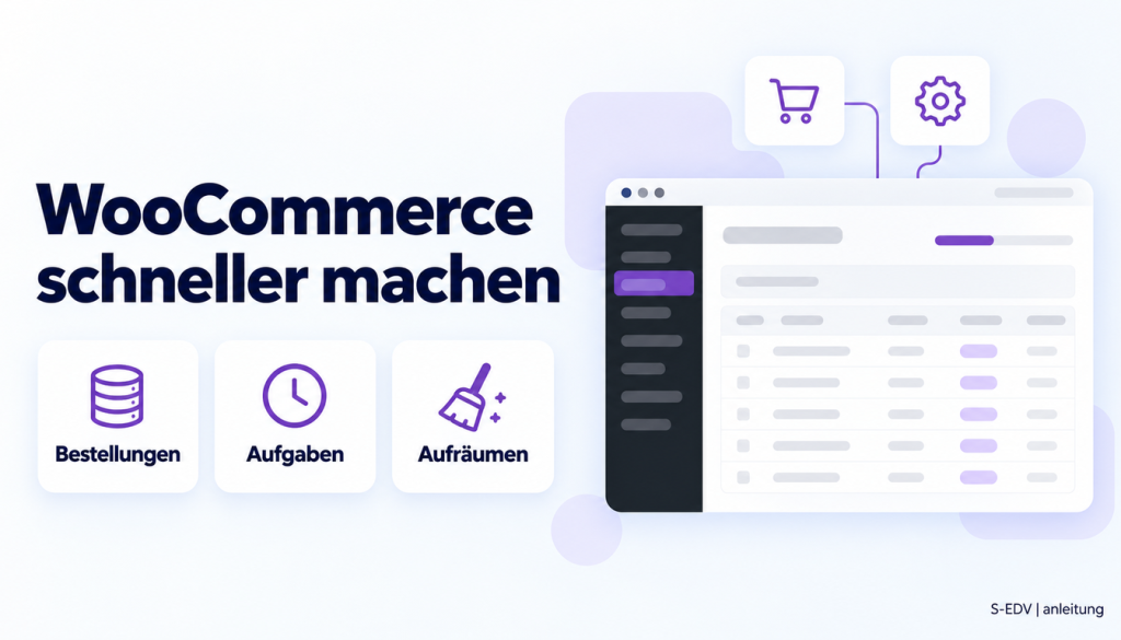 Grafik mit der Überschrift WooCommerce schneller machen, drei Karten Bestellungen, Aufgaben, Aufräumen und einem stilisierten Adminbereich mit Bestelltabelle