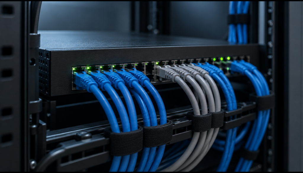 Netzwerk-Switch im Serverschrank mit sauber verlegten blauen und grauen Patchkabeln und grünen Status-LEDs