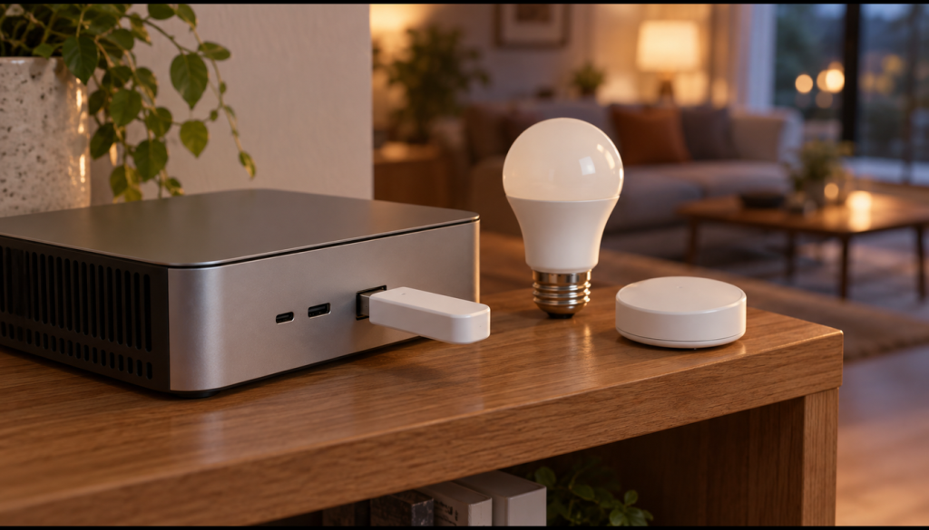 Mini-PC mit eingestecktem USB-Funkstick, daneben eine smarte Glühbirne und ein runder Funksensor im Wohnzimmer