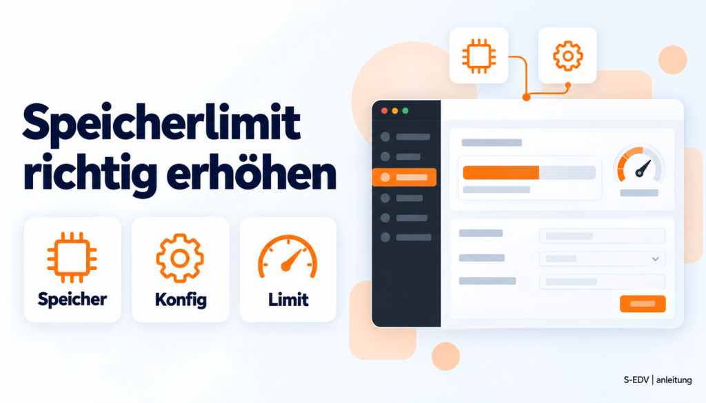 Grafik mit der Überschrift Speicherlimit richtig erhöhen und einem stilisierten WordPress-Adminbereich mit Speicheranzeige