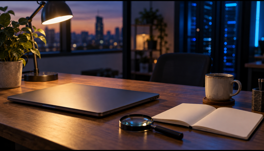 Schreibtisch mit zugeklapptem Laptop, Lupe und Notizbuch im Lampenlicht, als Sinnbild für die Fehlersuche in WordPress