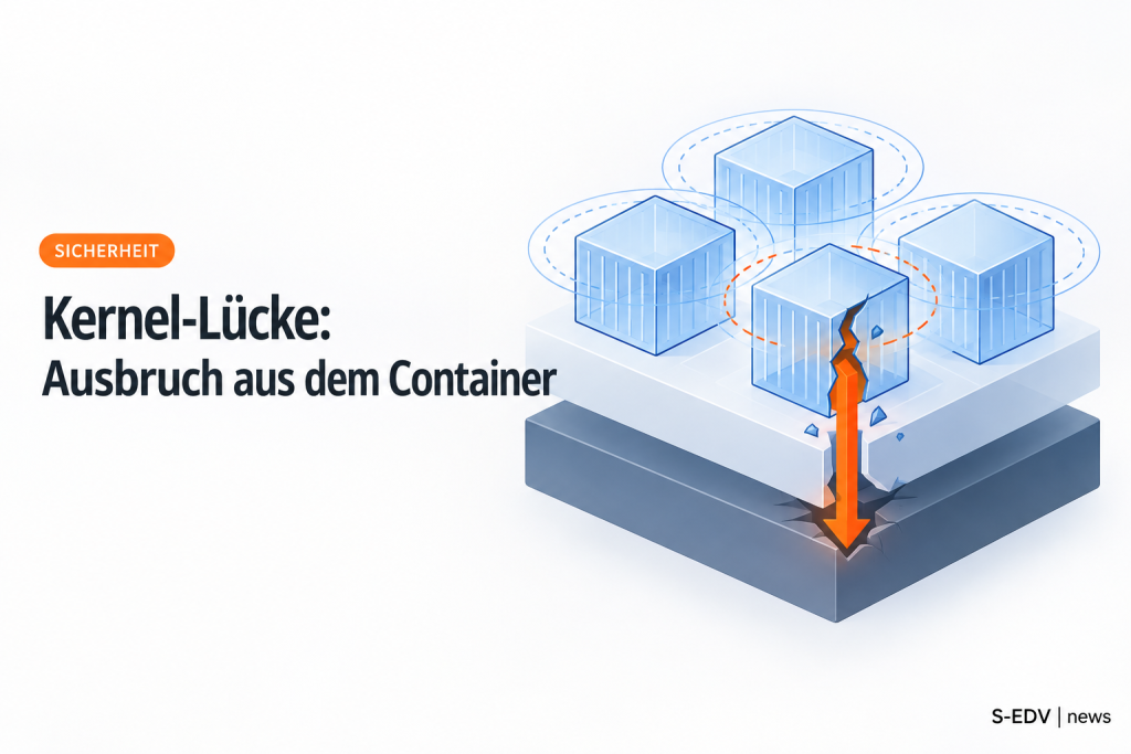 Illustration einer Kernel-Lücke: Ein Container bricht aus seiner Isolationsschicht aus und erreicht den gemeinsam genutzten Kernel des Hosts.