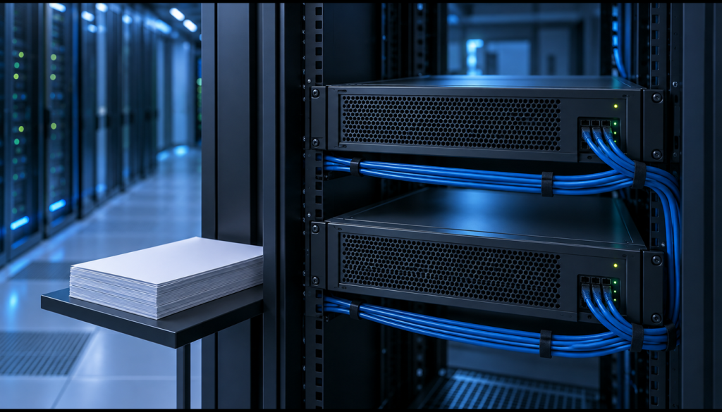 Zwei Server im Rack, verbunden durch gebündelte Netzwerkkabel, daneben ein Papierstapel als Sinnbild für replizierte SYSVOL-Daten