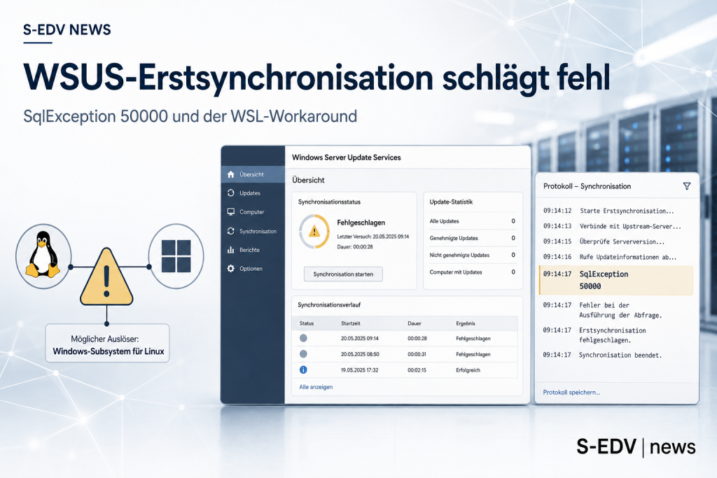 WSUS-Verwaltungskonsole zeigt fehlgeschlagene Erstsynchronisation mit SqlException 50000, daneben Icon-Diagramm zum möglichen Auslöser Windows-Subsystem für Linux