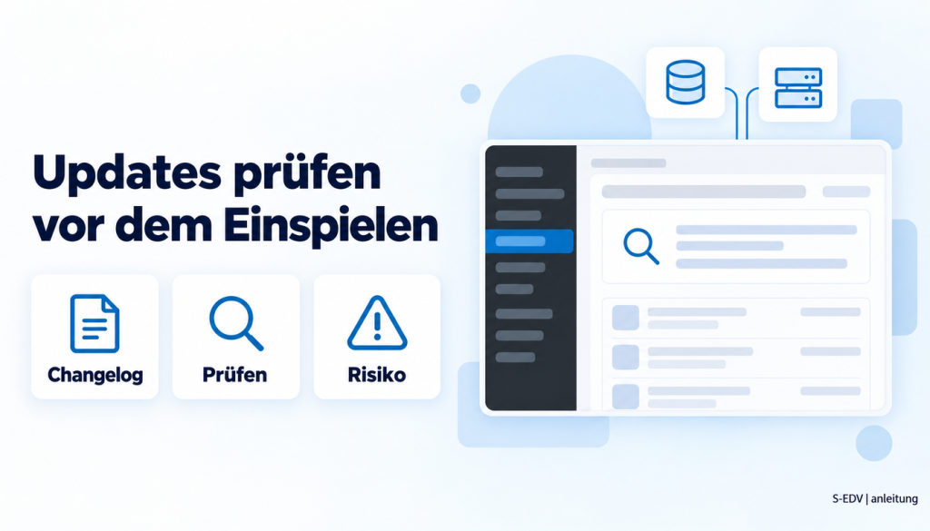Grafik mit der Überschrift Updates prüfen vor dem Einspielen, drei Karten Changelog, Prüfen, Risiko und einem stilisierten WordPress-Adminbereich