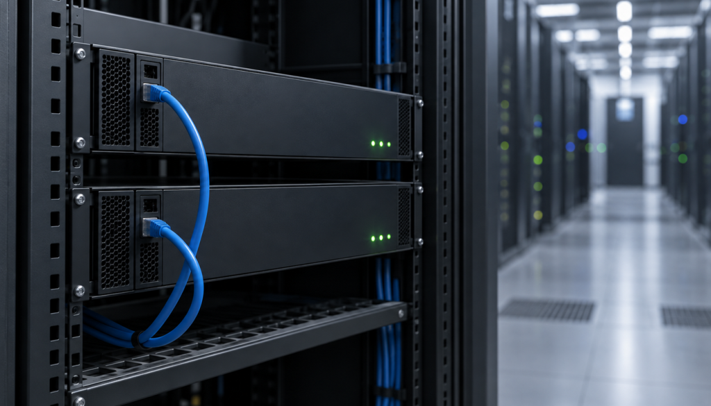 Zwei gestapelte Server in einem Rechenzentrums-Rack, verbunden mit blauen Netzwerkkabeln