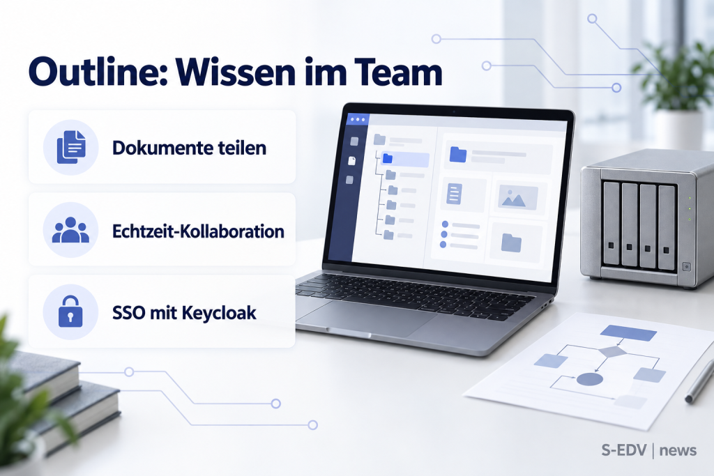 Outline: Wissen im Team. Dokumente teilen, Echtzeit-Kollaboration, SSO mit Keycloak. Illustration mit Laptop und NAS.