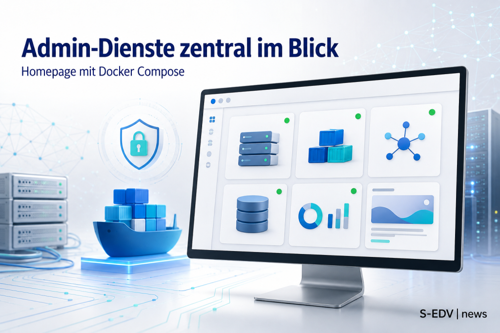 Illustration eines Homepage-Dashboards mit Server-, Container- und Netzwerk-Kacheln, das als selbst gehostete Startseite für Admin-Dienste per Docker Compose betrieben wird