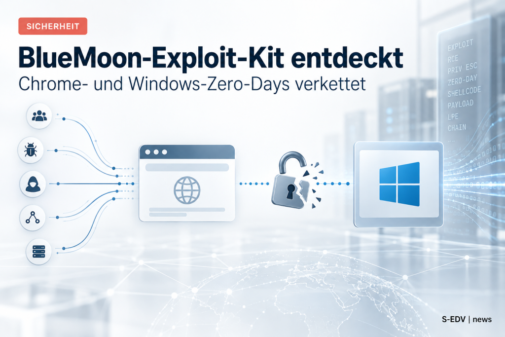 Editoriale Grafik zum BlueMoon-Exploit-Kit: verkettete Chrome- und Windows-Zero-Day-Symbole mit aufgebrochenem Schloss, mehrere Angreifer-Icons verbinden sich mit der Angriffskette