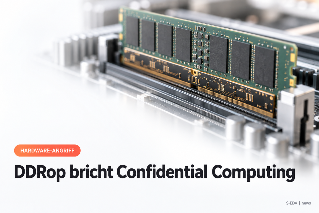 Nahaufnahme eines DDR5-Speichermoduls mit einer eingesetzten Zwischenplatine auf einem Server-Mainboard, dazu die Überschrift DDRop bricht Confidential Computing