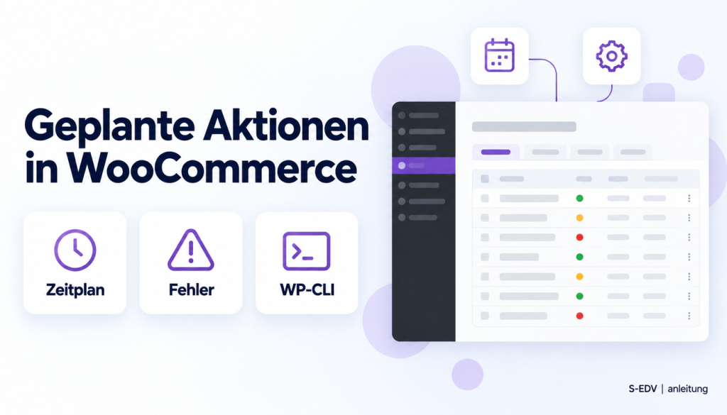 Grafik mit der Überschrift Geplante Aktionen in WooCommerce und einem stilisierten WordPress-Adminbereich mit Aufgabenliste