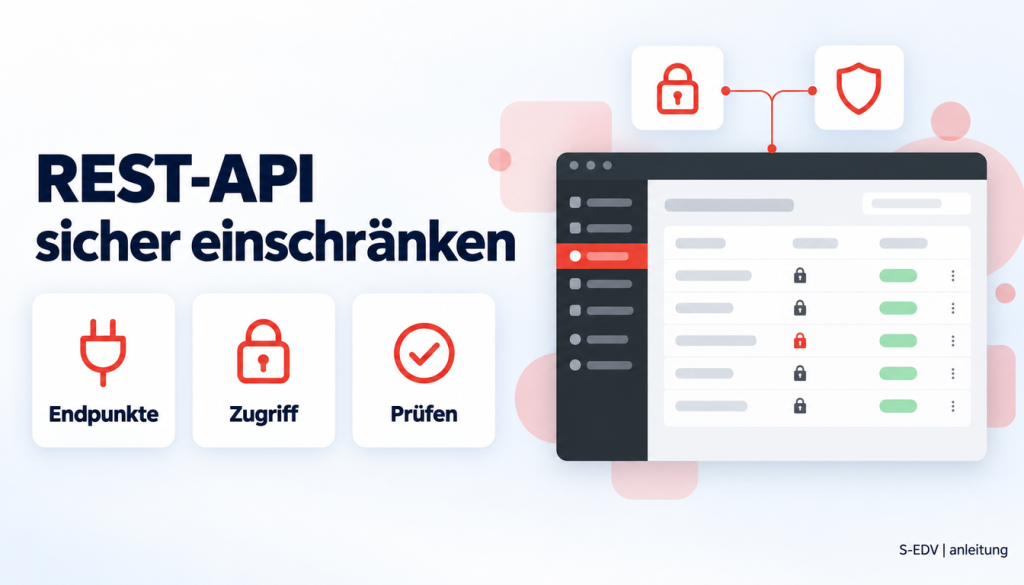 Grafik mit der Überschrift REST-API sicher einschränken, drei Karten Endpunkte, Zugriff, Prüfen und einem stilisierten WordPress-Adminbereich