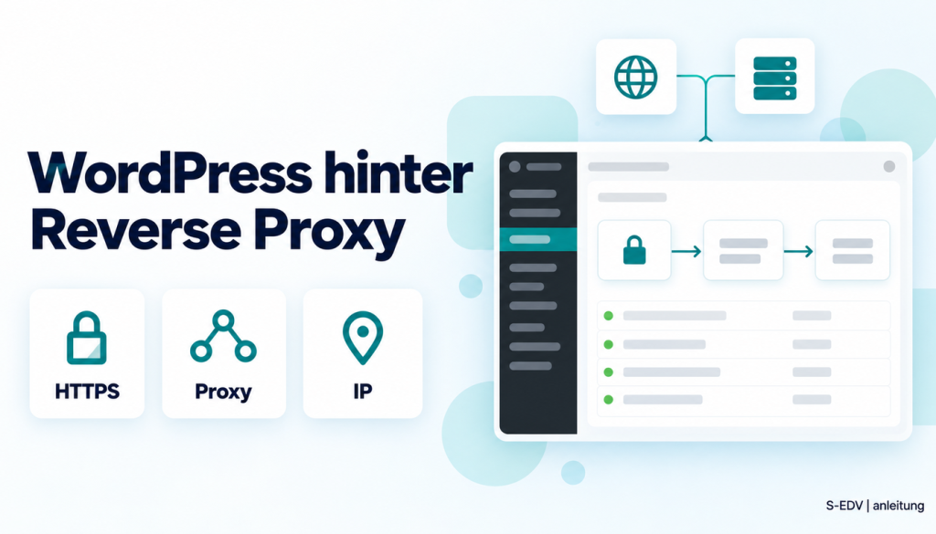 Grafik mit der Überschrift WordPress hinter einem Reverse Proxy und einem stilisierten WordPress-Adminbereich mit Verbindungsschema