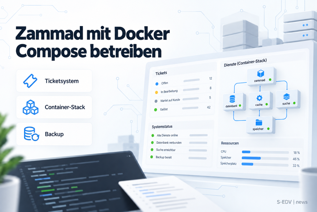 Illustration zur Installation von Zammad mit Docker Compose: Ticketsystem, Container-Stack und Backup als Schwerpunkte, daneben ein Dashboard-Mockup mit Systemstatus