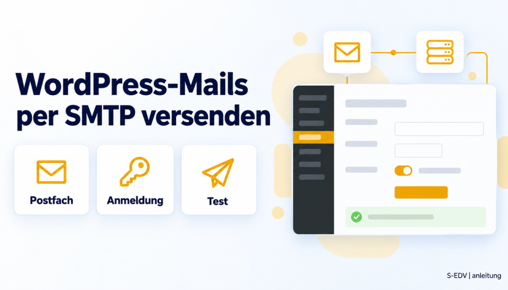 Grafik mit der Überschrift WordPress-Mails per SMTP versenden und einem stilisierten WordPress-Adminbereich mit Mail-Einstellungen