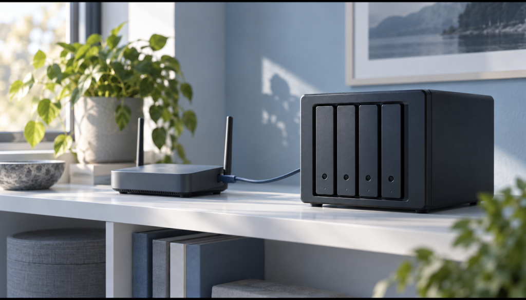 Schwarzes NAS mit vier Laufwerksschächten, per Netzwerkkabel mit einem Router verbunden, auf einem Regal im Homeoffice
