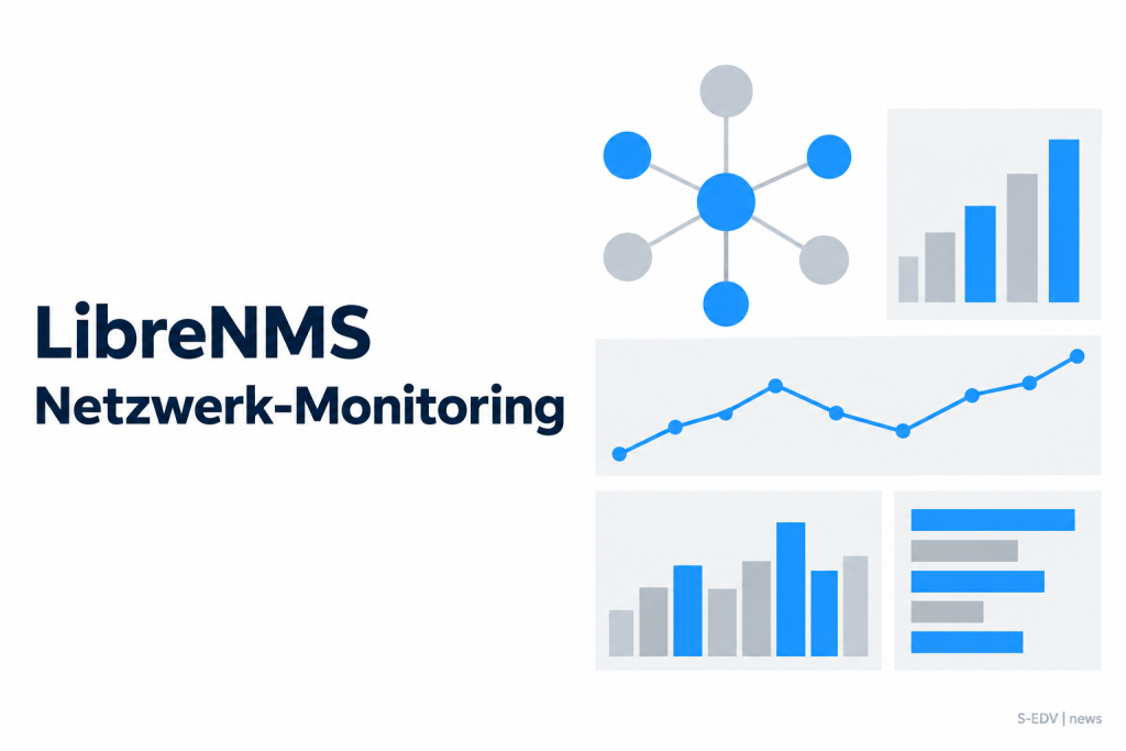 Illustration zur Anleitung: LibreNMS als Netzwerk-Monitoring mit Docker Compose, mit abstrakten Diagrammen und Netzwerktopologie