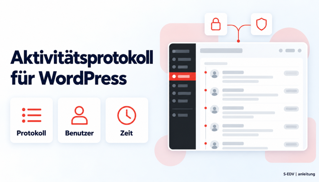 Grafik mit der Überschrift Aktivitätsprotokoll für WordPress, drei Karten Protokoll, Benutzer, Zeit und einem stilisierten WordPress-Adminbereich