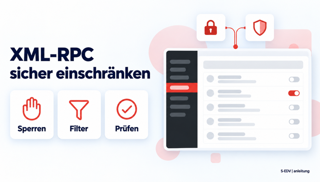 Grafik mit der Überschrift XML-RPC sicher einschränken, drei Karten Sperren, Filter, Prüfen und einem stilisierten WordPress-Adminbereich