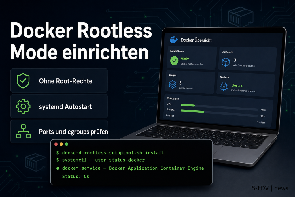 Hero-Bild: Docker Rootless Mode auf Debian und Ubuntu einrichten, Terminal-Fenster mit dockerd-rootless-setuptool und Dashboard mit Docker-Status