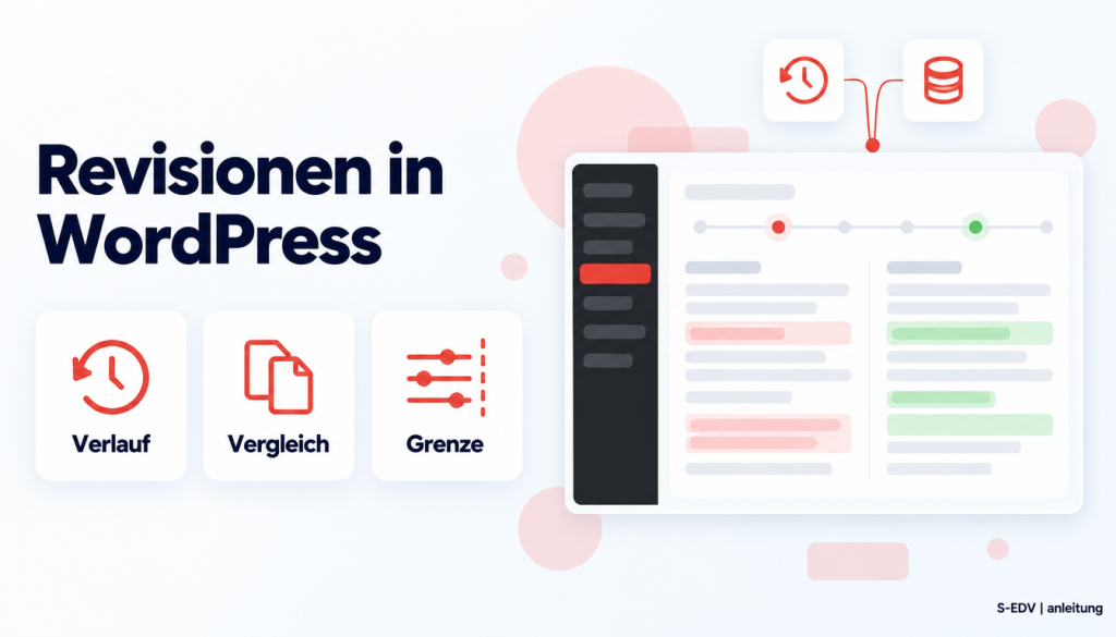 Grafik mit der Überschrift Revisionen in WordPress und einem stilisierten WordPress-Adminbereich mit Versionsvergleich