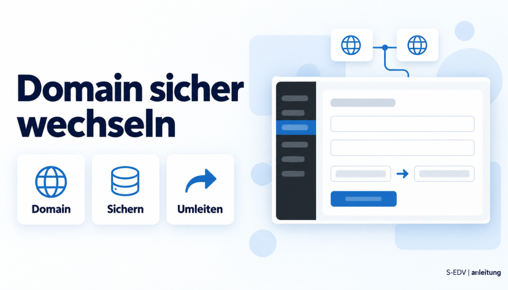 Grafik mit der Überschrift Domain sicher wechseln und einem stilisierten WordPress-Adminbereich mit Adressfeldern