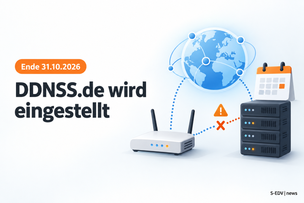 Illustration mit Router, Server und Globus, deren DNS-Verbindung unterbrochen ist, daneben die Überschrift DDNSS.de wird eingestellt