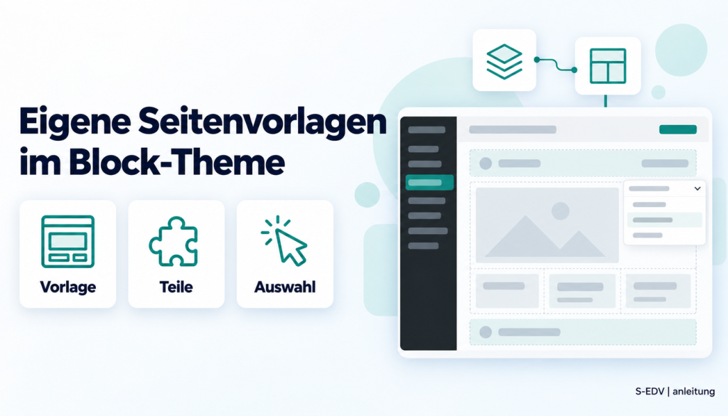 Grafik mit der Überschrift Eigene Seitenvorlagen im Block-Theme und einem stilisierten WordPress-Adminbereich mit Seitenlayout