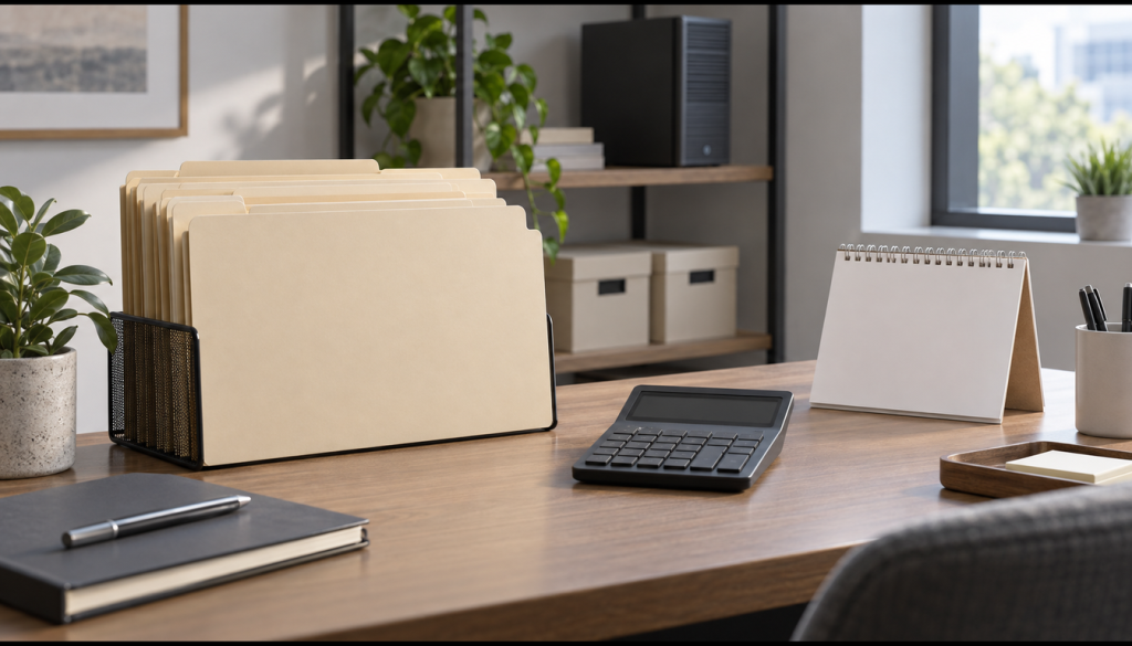 Aufgeräumter Büroschreibtisch mit Personalakten, Taschenrechner und Tischkalender, im Hintergrund ein kleiner Server im Regal