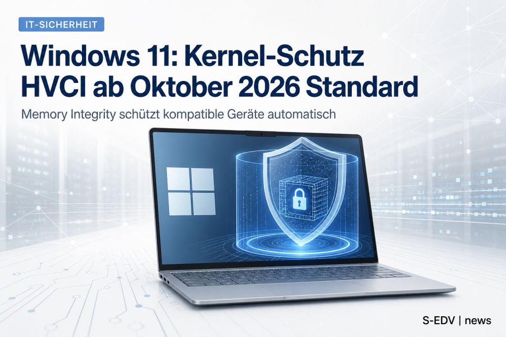 Windows 11 Notebook mit blauem Sicherheitsschild und Schloss-Symbol zeigt den ab Oktober 2026 standardmaessig aktivierten Kernel-Schutz Memory Integrity (HVCI)