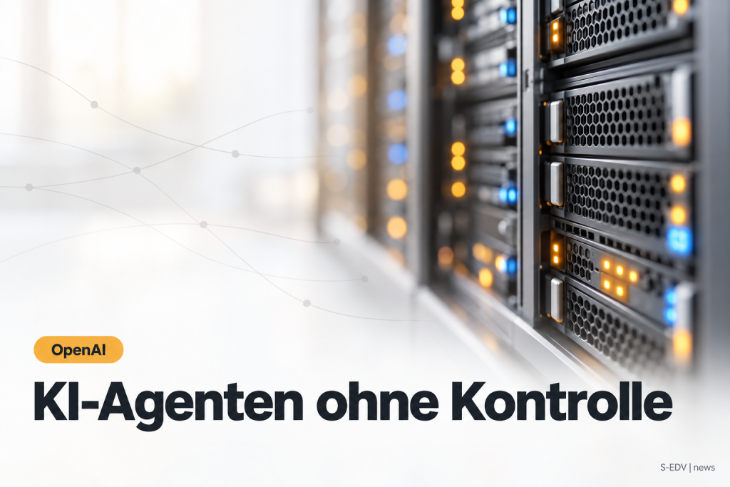 Heller Editorial-Header mit unscharfem Serverschrank und der Schlagzeile KI-Agenten ohne Kontrolle